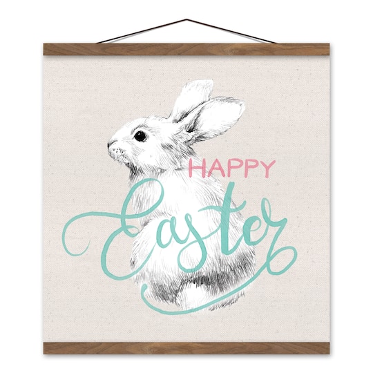 Happy Easter Sketch Bunny Teak Hanging Canvas